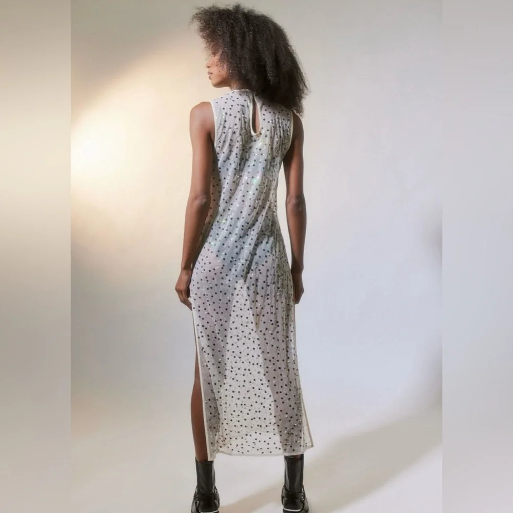 Urban‎ Outfitters Hunter Sheer Sequin Beaded High Leg Slit Midi Dress Size Small